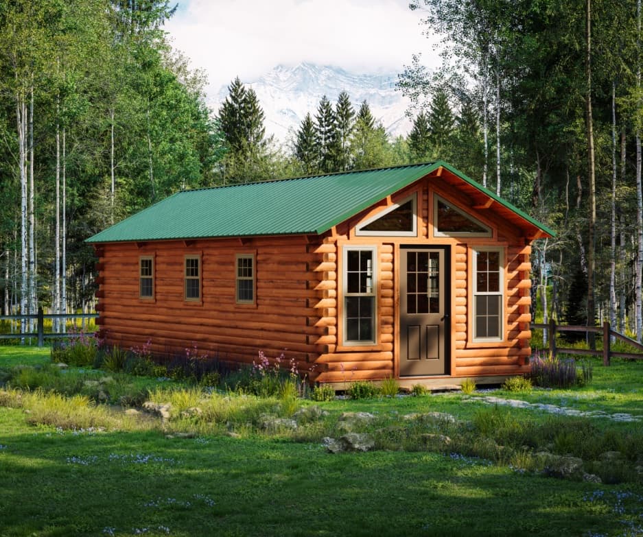 Beautiful Amish log cabin with green roof in forest setting